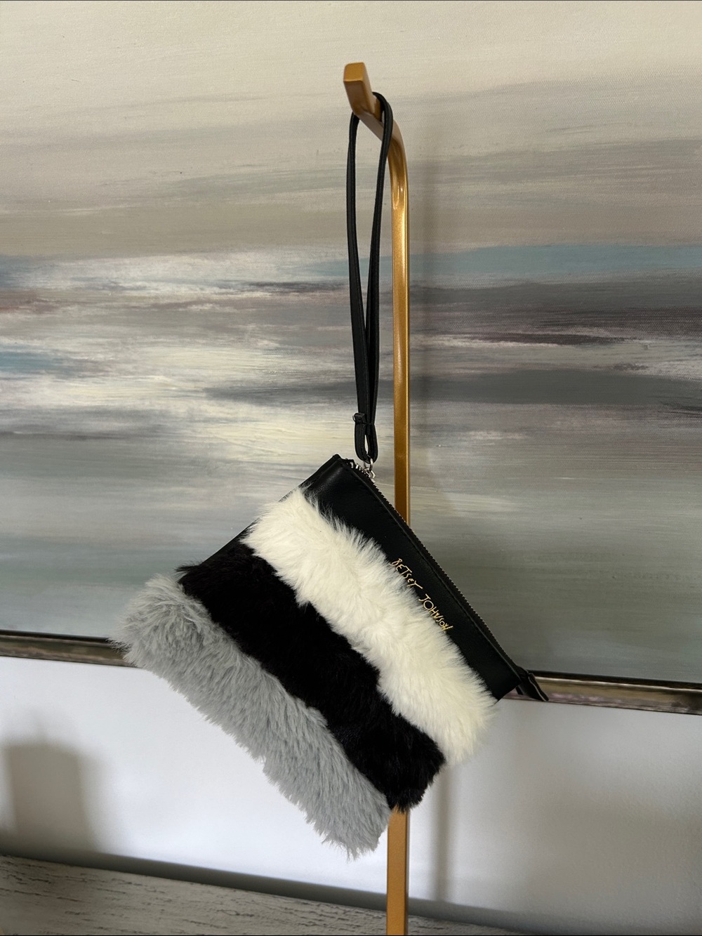 Betsey Johnson Faux Fur Stripe Wristlet - Black, White, Gray NWOT